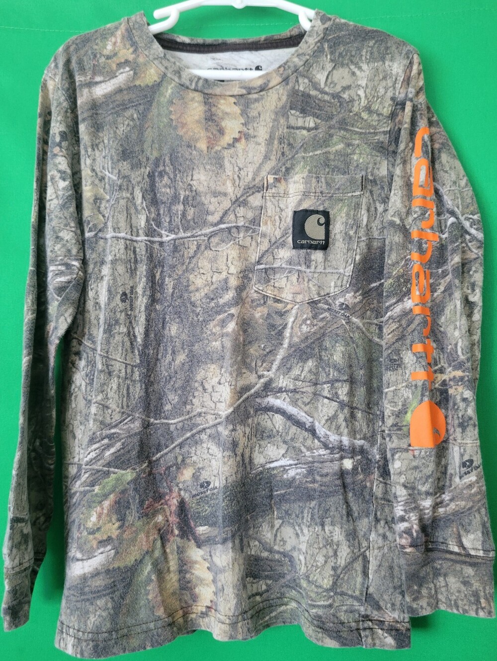 Carhartt Realtree Camo Long Sleeve Tee Orange Sleeve Logo Boys Sz 7 Hunting Top